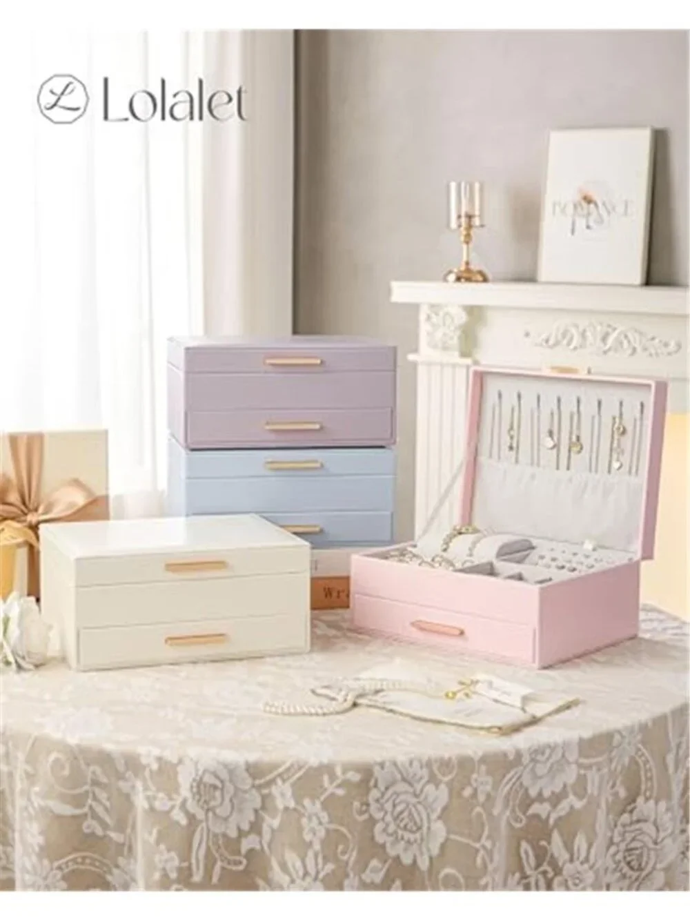 2-Layer Jewelry Box Organizer Holder for Women -Beige